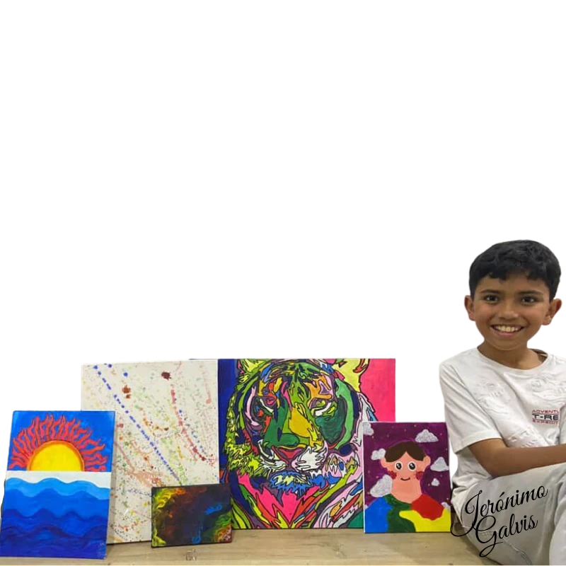Jerónimo Galvis sitting next to his original paintings, with his signature — Colombian kid artist
